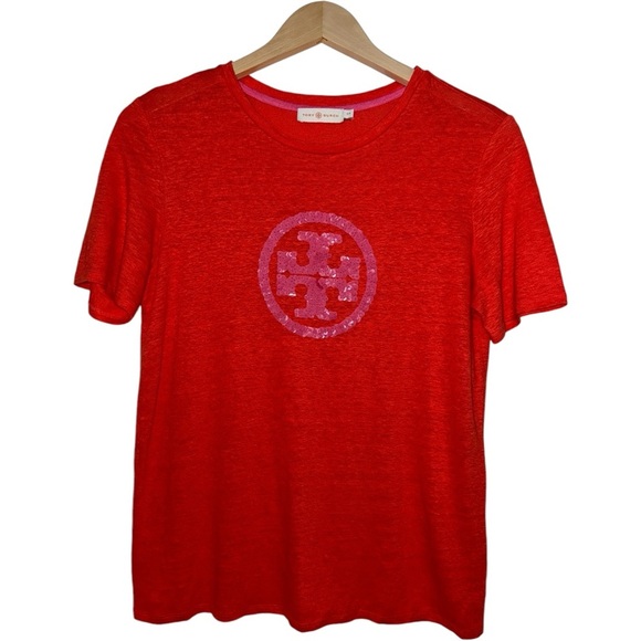 TORY BURCH | Linen Demi Short Sleeve T-Shirt | Sequin Logo | Orange Poppy Pink S - Picture 1 of 6